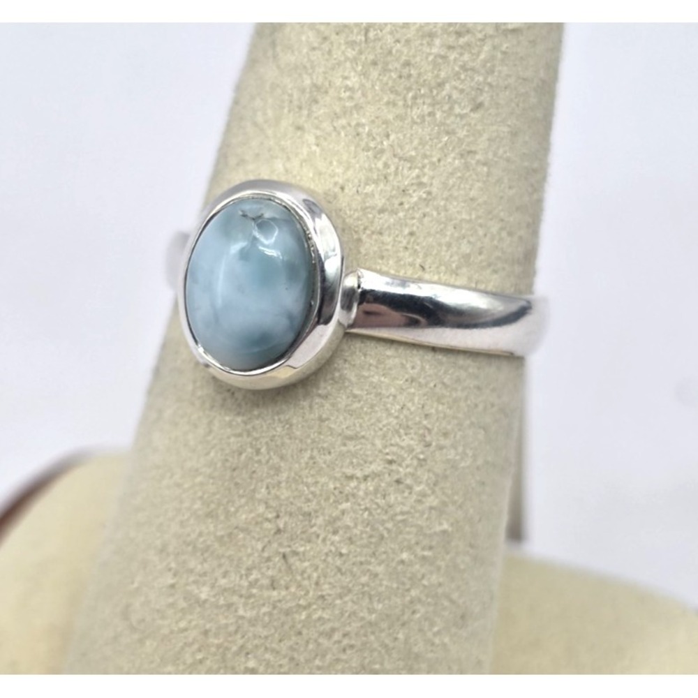 Genuine Larimar Blue Oval Ring Size 7.5 Sterling Silver 925 Handmade Dainty NWT